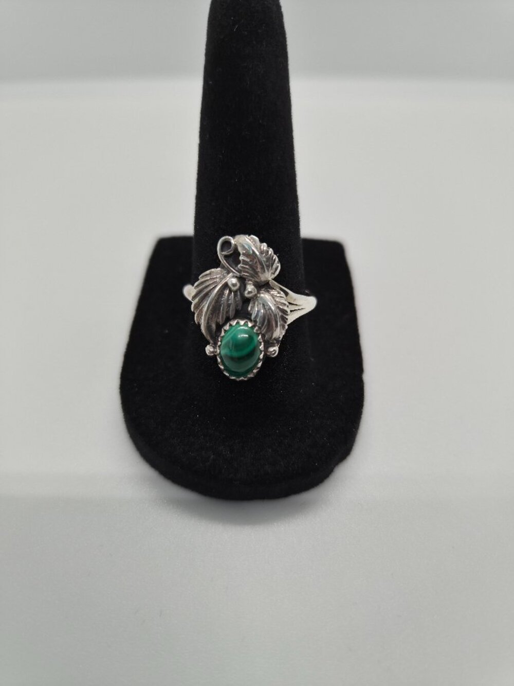 Sterling Silver 925 Malachite Ring Leaf Feather Size 8.5
